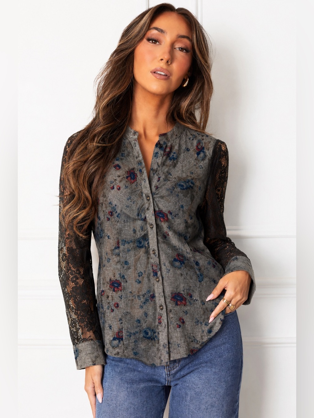 BKE Gray Floral Lace Longsleeve Button-Down shirt Blouse Patchwork Medium